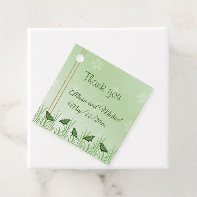 Grüner Schmetterling auf hellgrün - Hochzeit danke Geschenkanhänger (Beispiel)