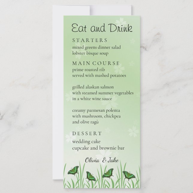 Grüner Schmetterling auf hellgrün - Menükarte (Vorderseite)