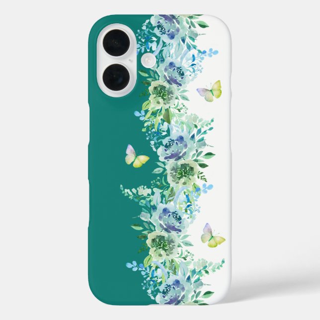 Grüner Schmetterling Blumen Handyhülle iPhone 16 Hülle (Rückseite)