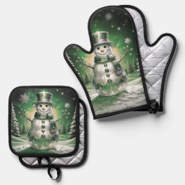 Grüner Schneemann-Schneeflocken Ofenhandschuh & Topflappen-Set