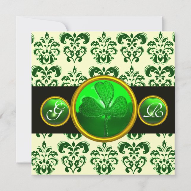GRÜNER SCHWARZER DAMASK MIT KLEEBLATT-MONOGRAMM EINLADUNG (Vorderseite)