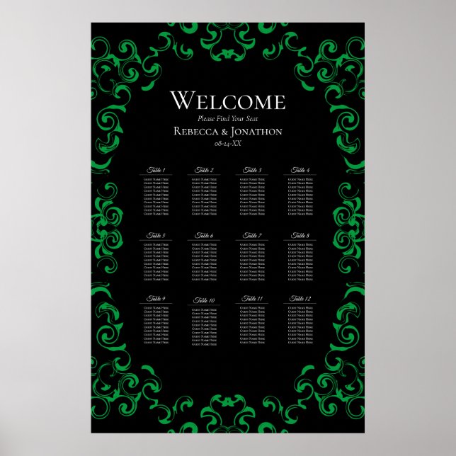 Grüner Schwarzer Swirl Gothic Wedding Poster (Vorne)
