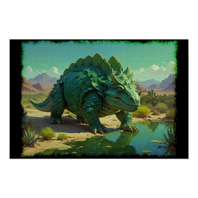 Grüner Stegosaurus und Wüstenpool Poster (Vorderseite)