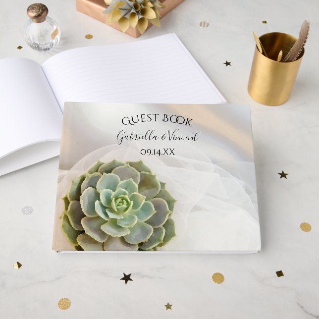Grüner Sukkulent auf der Weißen Hochzeit Gästebuch (Vorderseite Offen)