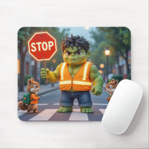Grüner Superheld als Verkehrsposten mit Streifenhö Mousepad