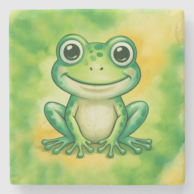 Grüner süßer Frosch Steinuntersetzer (Vorderseite)