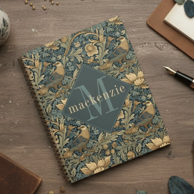 Grüner Tan Laub William Morris Elegantes Monogramm Planer (Von Creator hochgeladen)
