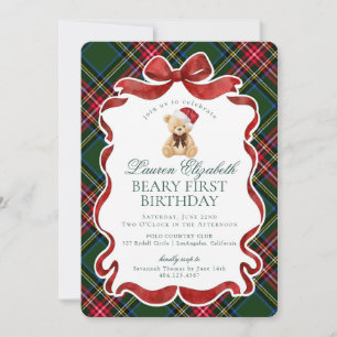 Grüner Tartan Karo Weihnachts Beary Erster Geburts Einladung
