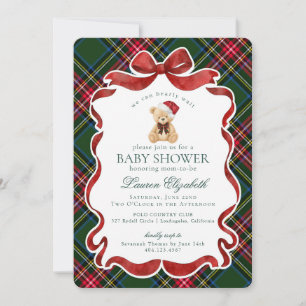 Grüner Tartan Karo Weihnachtsbär Baby Shower Einladung