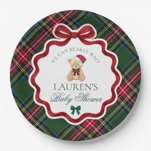 Grüner Tartan Karo Weihnachtsbär Baby Shower Pappteller