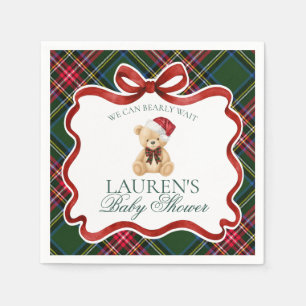 Grüner Tartan Karo Weihnachtsbär Baby Shower Serviette