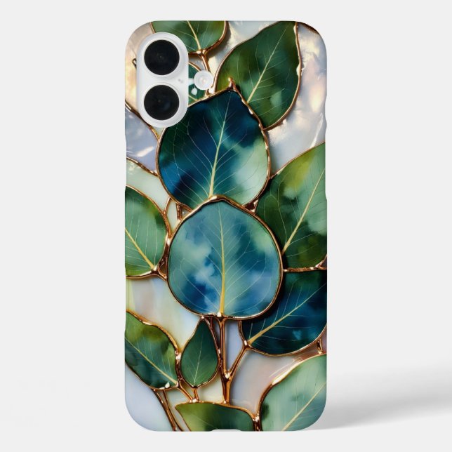 Grüner Teal-Blatt-Glasmalerei-Handyhülle iPhone 16 Plus Hülle (Rückseite)