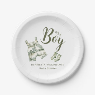 Grüner Toile de Jouy Jungen-Baby-Party Pappteller