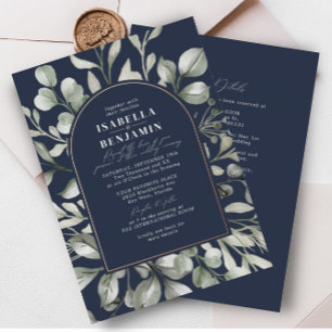 Grüner Torbogen Navy RSVP QR Code Hochzeit Rose Go Folieneinladung