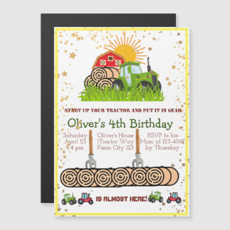 Grüner Traktor | Boys Themed Birthday Party Magneteinladung