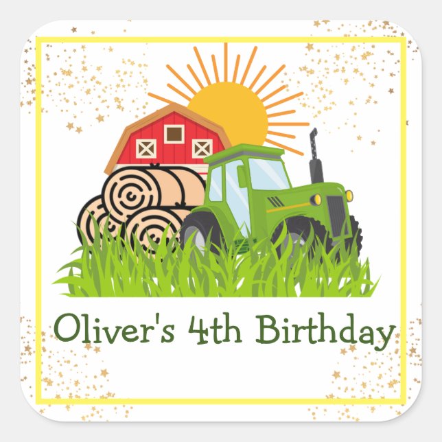 Grüner Traktor | Boys Themed Birthday Party Quadratischer Aufkleber (Vorderseite)