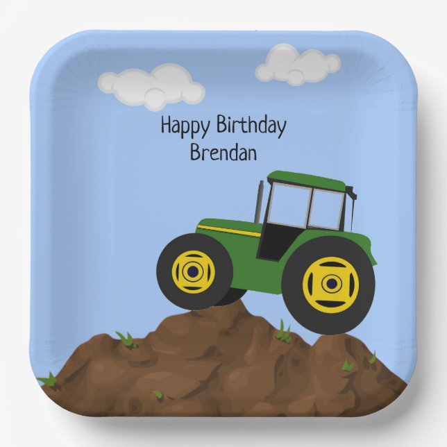 Grüner Traktor Geburtstag Personalisiert Pappteller (Vorderseite)