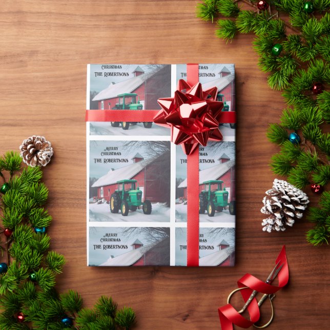 Grüner Traktor und Roter Stall Geschenkpapier (Feiertagsgeschenk)