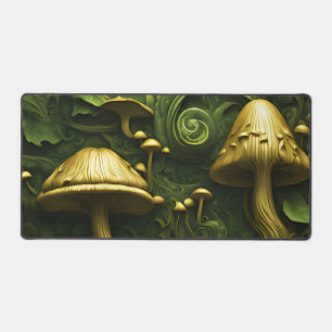 Grüner und goldener Pilz auf blumigen Schreibtischunterlage
