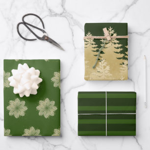 Grüner und goldener Weihnachtsbaum Geschenkpapier Set