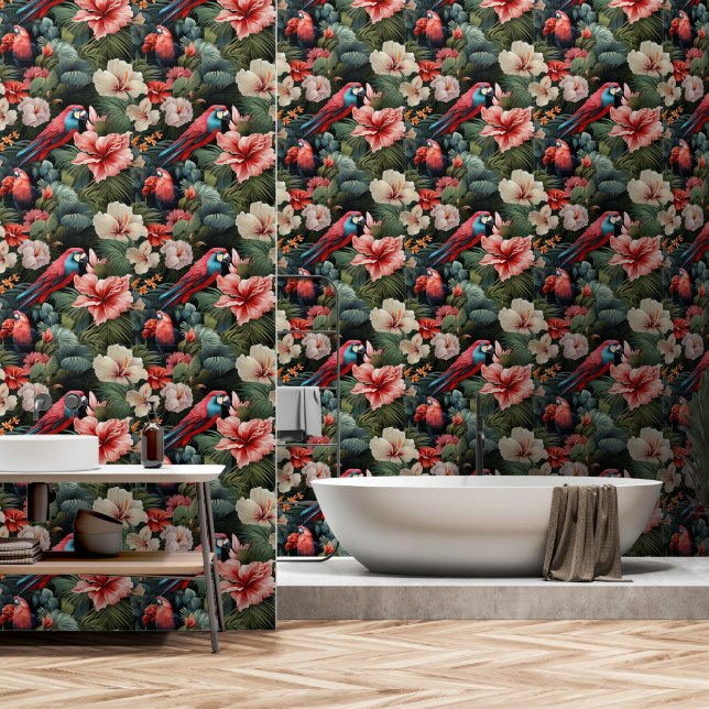 Grüner und rosafarbener Hibiskus Tropenwald Tapete (Badezimmer)