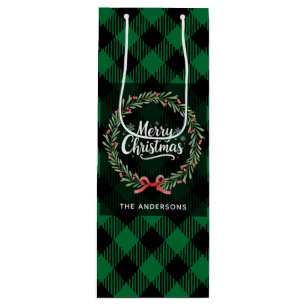Grüner und schwarzer Karo-Kranz Frohe Weihnachten Geschenktüte Für Weinflaschen
