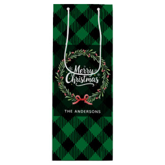 Grüner und schwarzer Karo-Kranz Frohe Weihnachten  Geschenktüte Für Weinflaschen