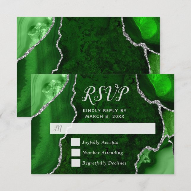 Grüner und Silberner Achat-Marmor RSVP Karte (Vorne/Hinten)