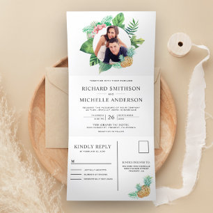 Grüner und weißer Palmwedel-Kranz Foto-Hochzeit Dreifach Gefaltete Einladung