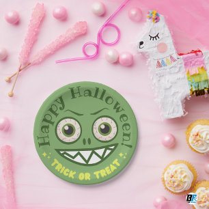 Grüner verspielter Monster Halloween Pappteller