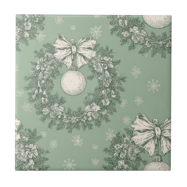 Grüner Vintage-Toile-Weihnachtskranz (1) Fliese (Vorderseite)