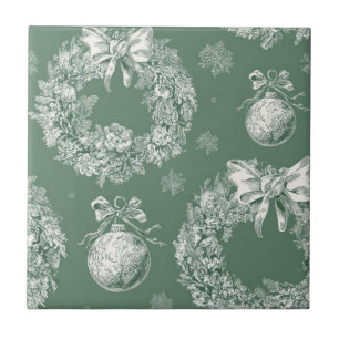 Grüner Vintage-Toile-Weihnachtskranz (2) Fliese