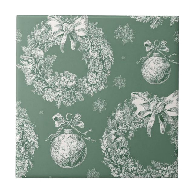 Grüner Vintage-Toile-Weihnachtskranz (2) Fliese (Vorderseite)