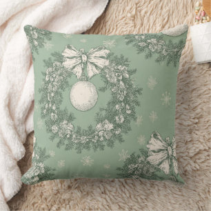 Grüner Vintage-Toile-Weihnachtskranz Kissen