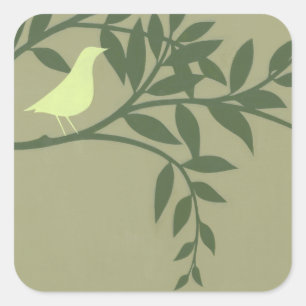 Grüner Vogel auf grünem Zweig Quadratischer Aufkleber