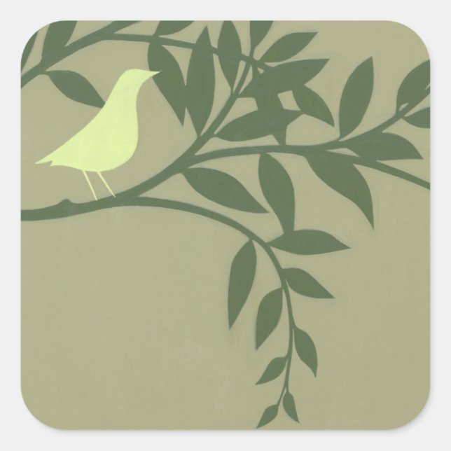 Grüner Vogel auf grünem Zweig Quadratischer Aufkleber (Vorderseite)