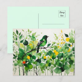 Grüner Vogel Stehend an einem Zweig Postkarte