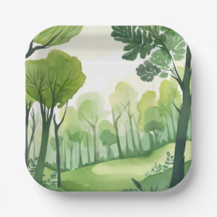 Grüner Wald   Luftige Aquarell-Landschaft Pappteller