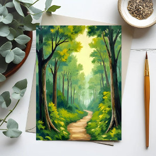 Grüner Waldweg   Üppige Natur Aquarell Gemalt Postkarte
