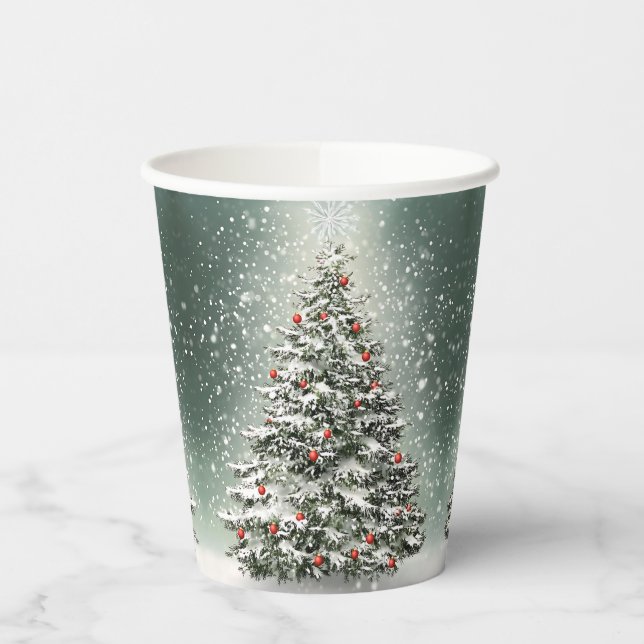 Grüner Weihnachtsbaum Bunte Ornamente Weißer Schne Pappbecher (Links)