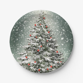 Grüner Weihnachtsbaum Bunte Ornamente Weißer Schne Pappteller