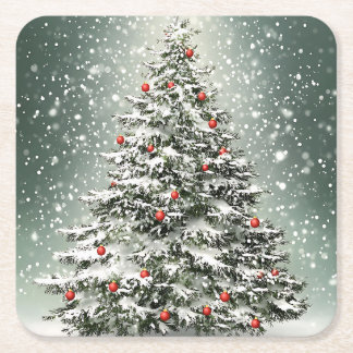 Grüner Weihnachtsbaum Bunte Ornamente Weißer Schne Rechteckiger Pappuntersetzer