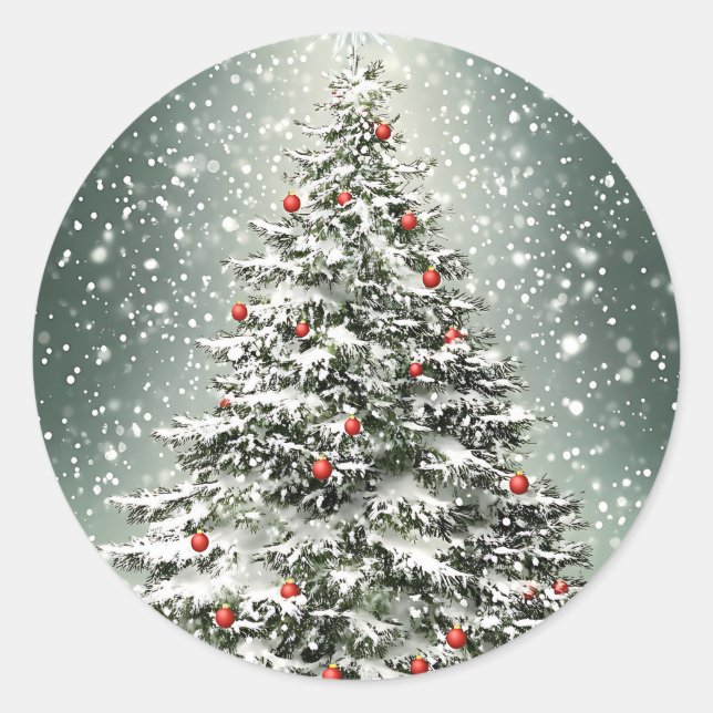 Grüner Weihnachtsbaum Bunte Ornamente Weißer Schne Runder Aufkleber (Vorderseite)