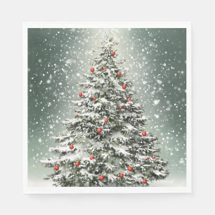 Grüner Weihnachtsbaum Bunte Ornamente Weißer Schne Serviette