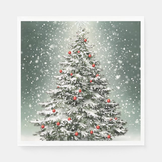 Grüner Weihnachtsbaum Bunte Ornamente Weißer Schne Serviette (Vorderseite)