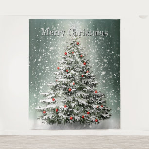 Grüner Weihnachtsbaum Bunte Ornamente Weißer Schne Wandteppich