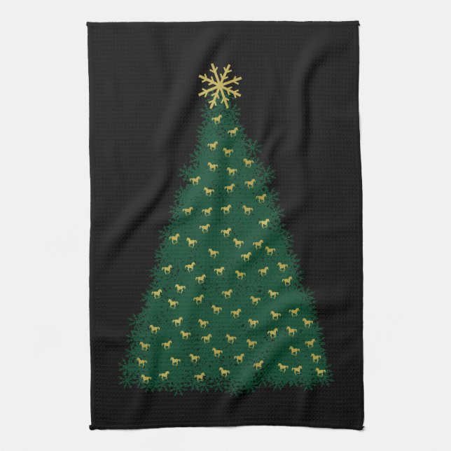 Grüner Weihnachtsbaum, goldene Laufpferde auf schw Handtuch (Vertikal)