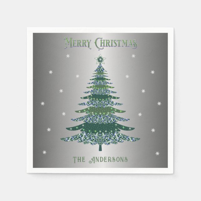 Grüner Weihnachtsbaum Individuelle Name Silberfoli Serviette (Vorderseite)