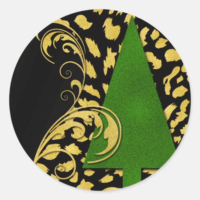 Grüner Weihnachtsbaum mit schwarzen und goldenen W Runder Aufkleber (Vorderseite)