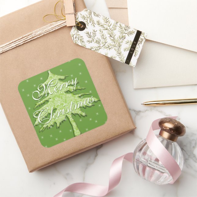 Grüner Weihnachtsbaum mit Sternen Quadratischer Aufkleber (Schenken)